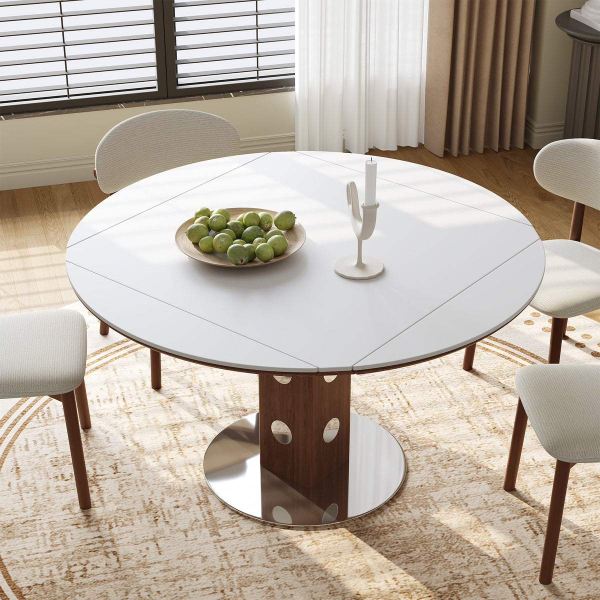 47.2' Extendable Multifunctional Round Dining Table for 4-6, Folding Kitchen Table with Drop Leaf, White Sintered Stone Top & Walnut Wood Column, Space-Saving for Small Apartments, Easy Assembly