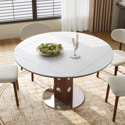 47.2' Extendable Multifunctional Round Dining Table for 4-6, Folding Kitchen Table with Drop Leaf, White Sintered Stone Top & Walnut Wood Column, Space-Saving for Small Apartments, Easy Assembly