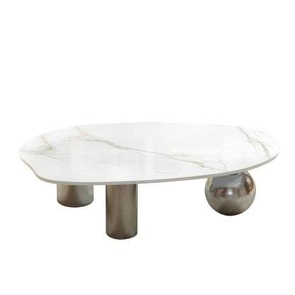 49.2" Free Form Faux Marble Coffee Table, Modern Minimalist Living Room Center Table with Stainless Steel Sphere & Cylinder Legs