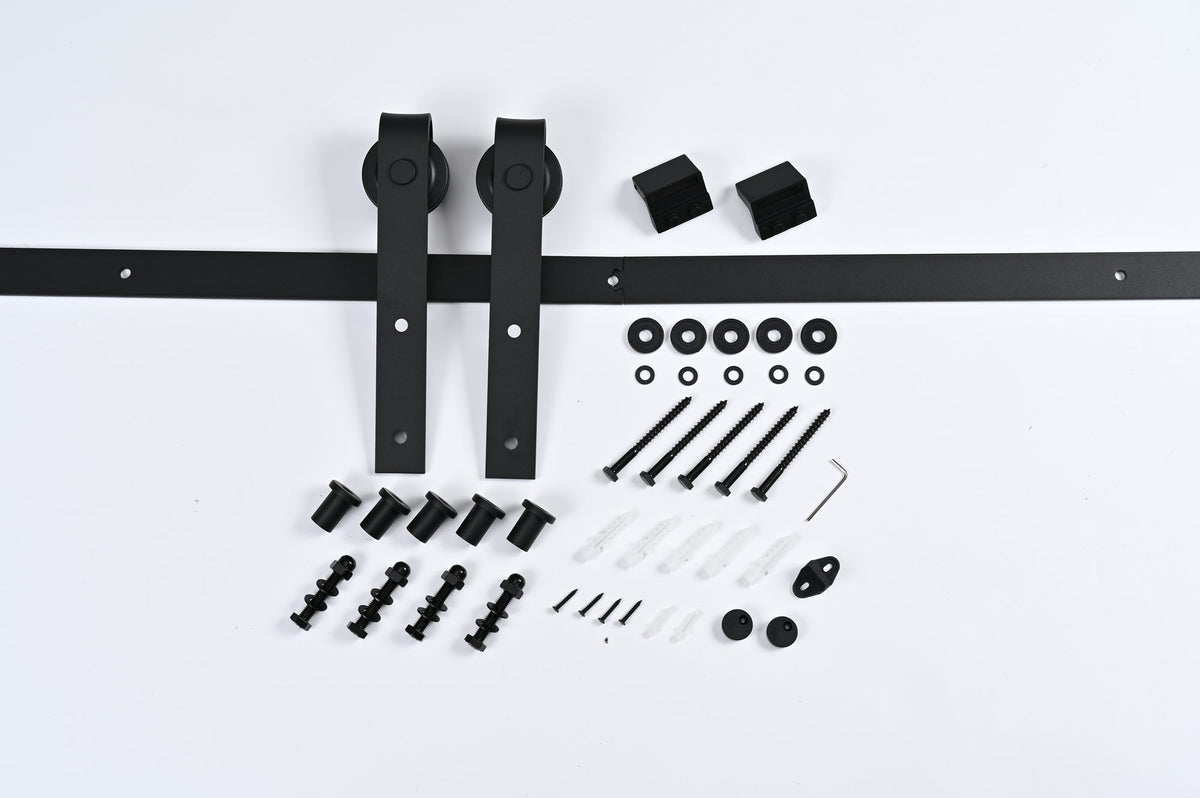 12FT Wood Double Sliding Barn Door Hardware Basic Black Big Spoke Wheel Roller Kit, 5-18FT for Choose
