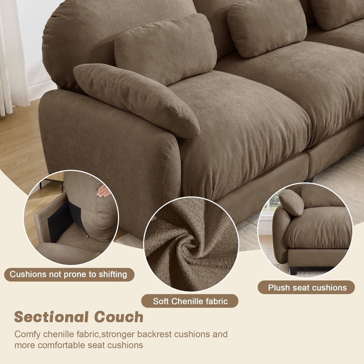 2 Seater L-Shaped Cloud Feel Sofa with Removable Ottoman, Cozy Chenille Modular Couch Set, Deep Seat Free Combination Furniture for Small Living Room, Brown