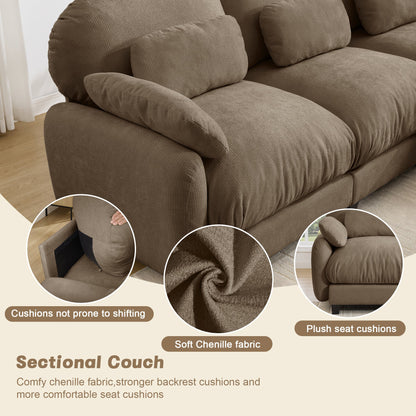 2 Seater L-Shaped Cloud Feel Sofa with Removable Ottoman, Cozy Chenille Modular Couch Set, Deep Seat Free Combination Furniture for Small Living Room, Brown