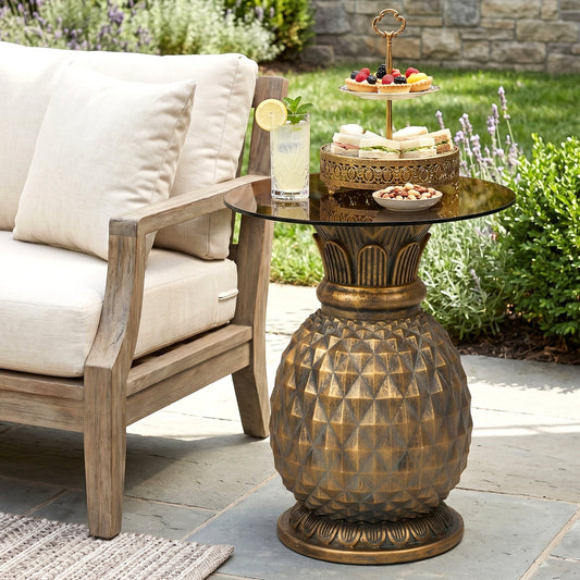 23.62" H Yellow Pineapple Side Table with Glass Top, Outdoor Patio End Table, Indoor Plant Stand for Living Room & Garden