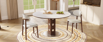 47.2' Extendable Multifunctional Round Dining Table for 4-6, Folding Kitchen Table with Drop Leaf, White Sintered Stone Top & Walnut Wood Column, Space-Saving for Small Apartments, Easy Assembly