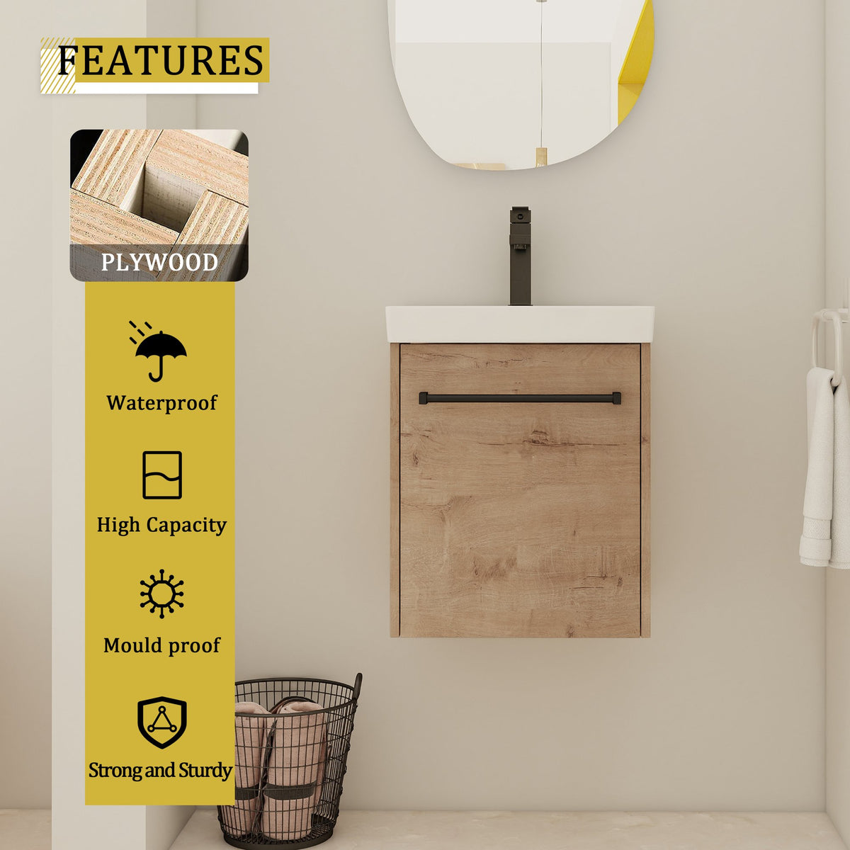18'' Floating Wall-Mounted Bathroom Vanity with Ceramic Sink & Soft-Close Cabinet Door, For Small Bathroom
