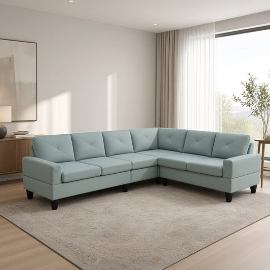 95.5 x 75 Inches Width Pale Green Modular L-Shaped Sectional Sofa 6-Seater 4-Piece Massa Calico Fabric Couch with Chaise