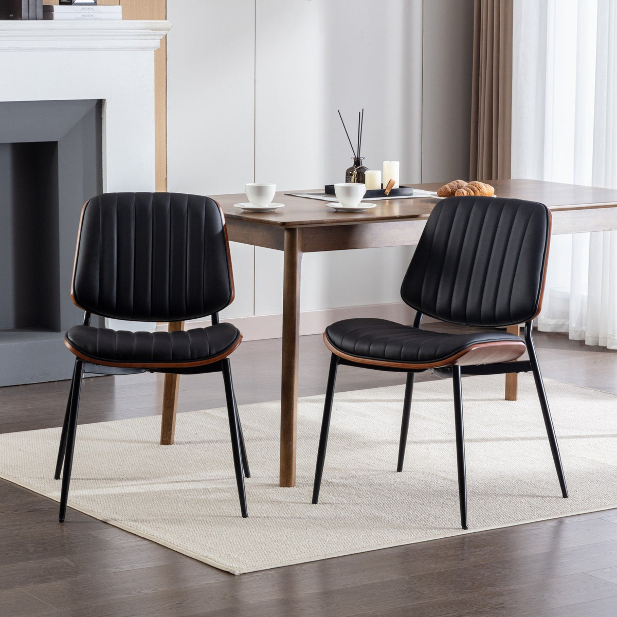 A&A Furniture, Dining Chairs Set of 2 Mid Century Modern Retro Faux Leather Chair with Walnut Bentwood Back Upholstered Seat Metal Legs – Black