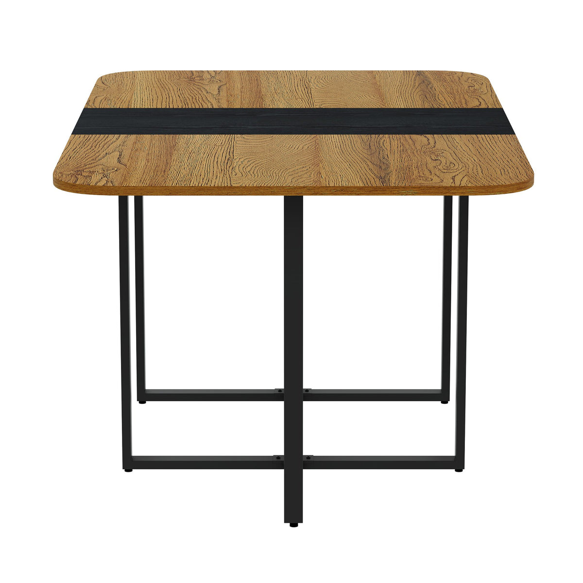 7-Piece Rectangular Dining Table Set, Fixed Two-Tone Wood Grain & Black Triamine Tabletop with 6 Black PU Leather Chairs