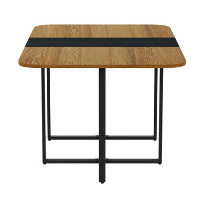 7-Piece Rectangular Dining Table Set, Fixed Two-Tone Wood Grain & Black Triamine Tabletop with 6 Black PU Leather Chairs