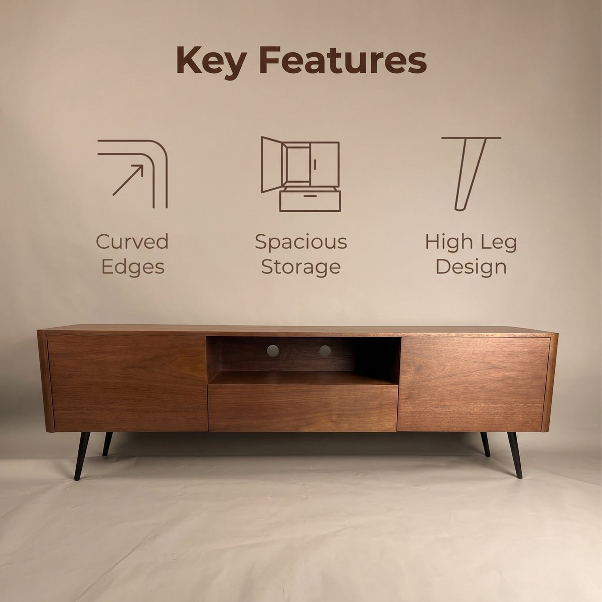 70.8-inch walnut TV stand, suitable for televisions up to 85 inches, featuring enclosed storage and cable management, soft-close hinges and iron legs, ideal for the living room RR