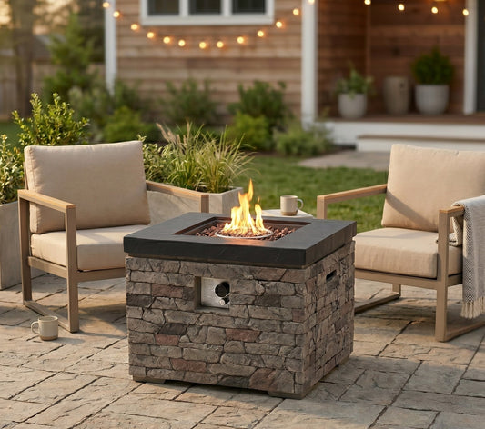 32-inch Outdoor Fire Pit Table, 40,000 BTU Propane Fire Pit, Lightweight Concrete Gas Fire Table with Lava Rocks, Burner Lid & Waterproof Cover, Rectangular Firepit for Patio Garden, Stone Look