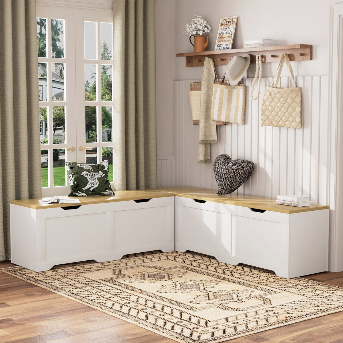 3-Piece L-Shaped Multi-Functional Storage Bench with Cushion, serving as a kitchen corner bench, toy storage box, or reading nook seat.