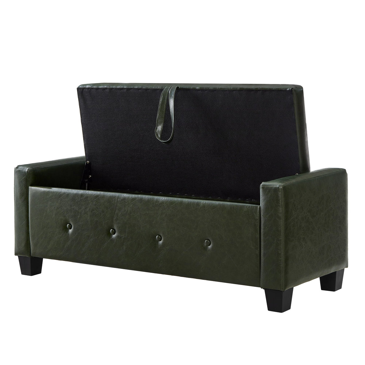 48" Ottoman Bench with Storage, Upholstered Tufted Faux Leather PU Ottoman Dark Green