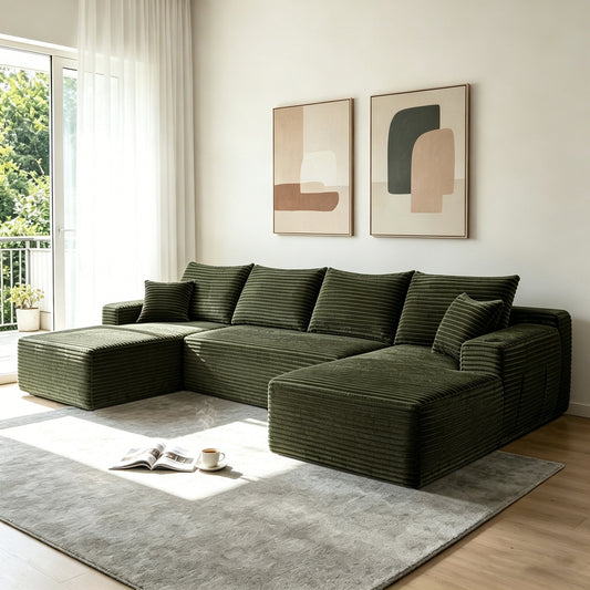 134' Cloud Sectional Sofa with U-Shape Chaise and Side Pockets and Cup holder , Modern Modular Design, Deep Seating, Upholstered Couch for Living Room/Bedroom, No Assembly Required (Plush)GREEN
