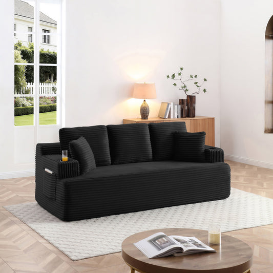 86.2''Boneless Sofa Couch with 2 Pillows Extra , Corduroy Fabric 3 Seater with Cup Holder & Side Pocket Upholstered Floor Easy Installation (Black, 3 Seater)