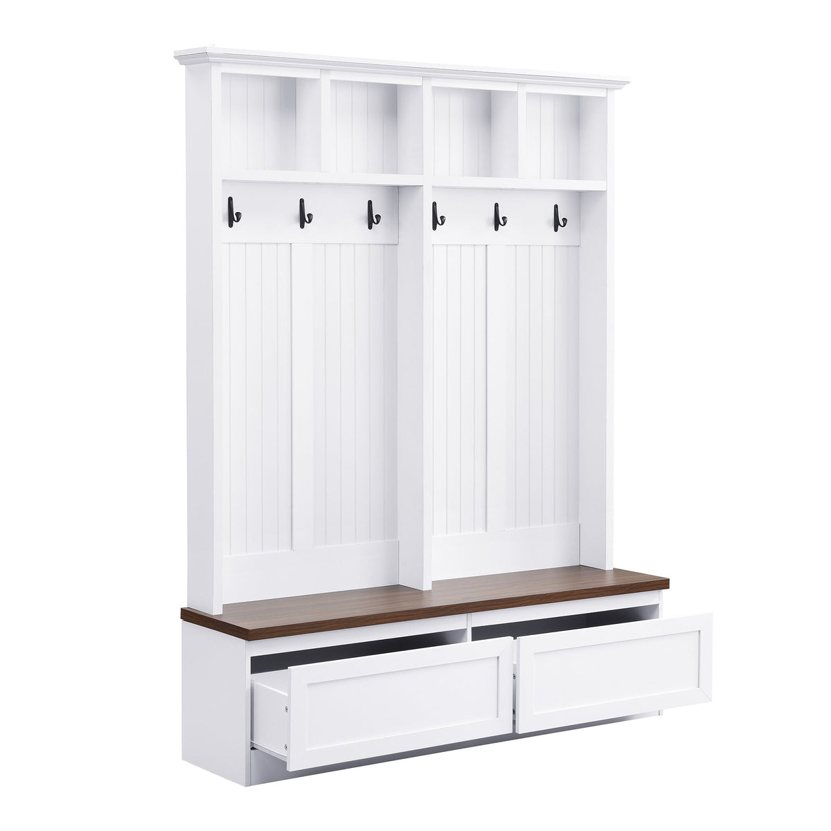 Farmhouse 4-in-1 Hall Tree with Wood Grain Bench, Mudroom Versatile Coat Rack with 2 Large Drawer, Entrance Organizer, White, 55.9" W