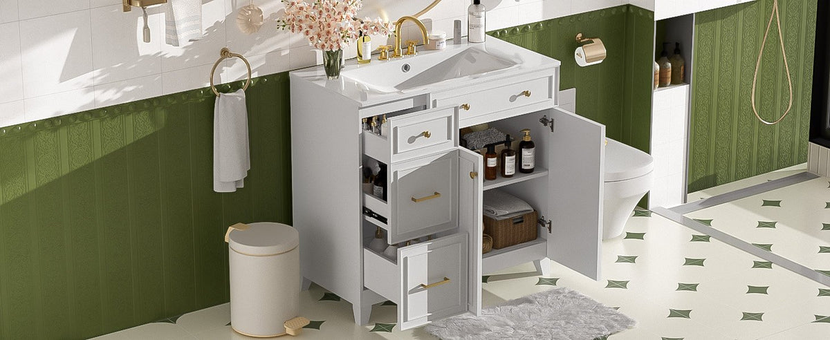 36" Modern Bathroom Vanity with Ceramic Sink, Soft Close Doors, Adjustable Shelves, Solid Wood Frame+MDF