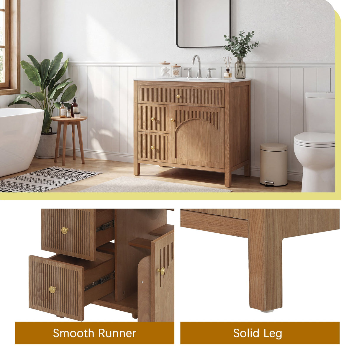 30 Inch Freestanding Farmhouse Bathroom Vanity with Integrated White Ceramic Sink Top, Smooth Finish Natural Acacia Wood Veneer Herringbone Chevron Cabinet, Soft Close Doors & Full Extension Drawer, B