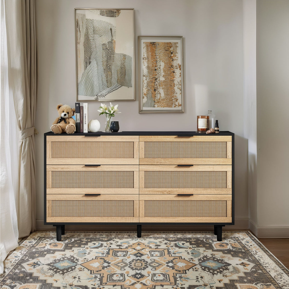 51.18" 6-Drawers Rattan Storage Cabinet Rattan Drawer, Black (Same SKU:W757112779)