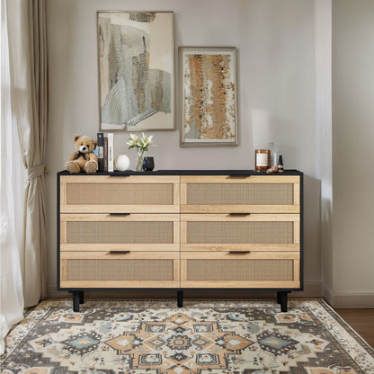 51.18" 6-Drawers Rattan Storage Cabinet Rattan Drawer, Black (Same SKU:W757112779)