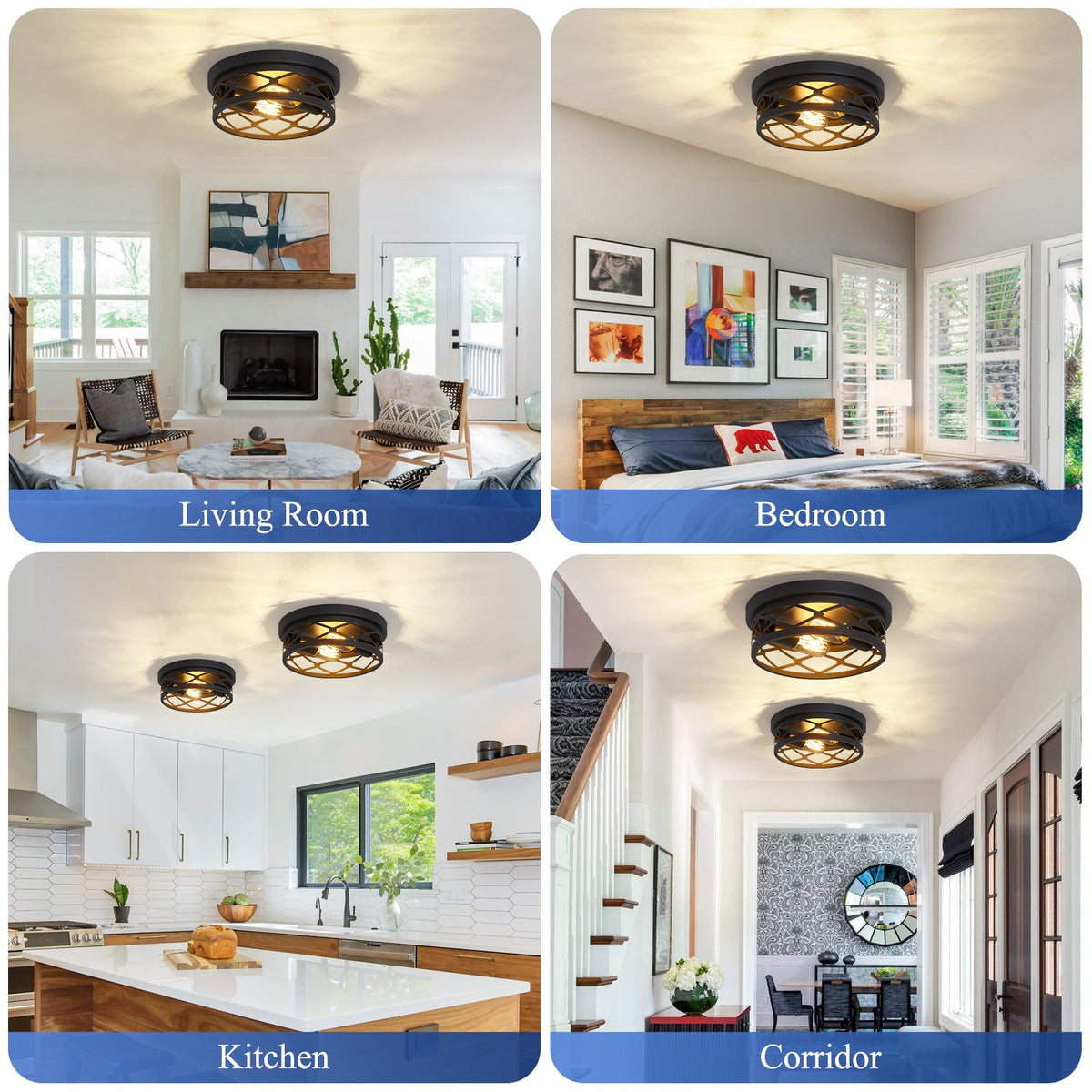 2 Pack 2-Light Matte Black Industrial Flush Mount Ceiling Light, Farmhouse Round Ceiling Lamp for Hallway Kitchen Entryway(No light bulb)