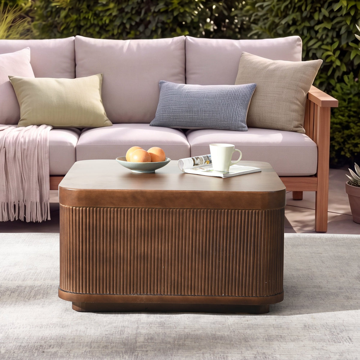 32"Modern Square Outdoor and Indoor Striped Waterproof Coffee Table, Durable MgO Cement Design, Suitable for Terraces, Gardens, Backyards and Living Rooms(Brown)