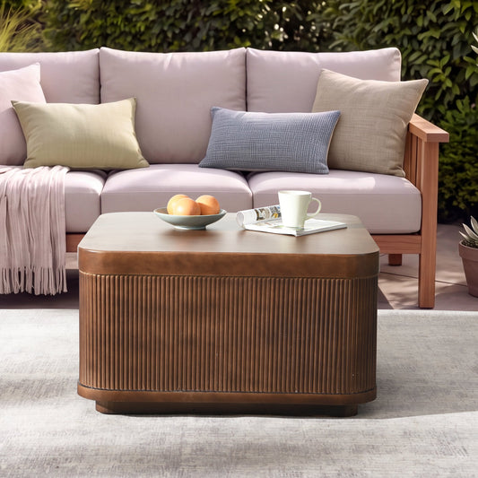 32"Modern Square Outdoor and Indoor Striped Waterproof Coffee Table, Durable MgO Cement Design, Suitable for Terraces, Gardens, Backyards and Living Rooms(Brown)