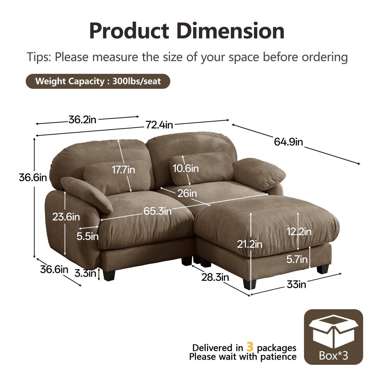 2 Seater L-Shaped Cloud Feel Sofa with Removable Ottoman, Cozy Chenille Modular Couch Set, Deep Seat Free Combination Furniture for Small Living Room, Brown