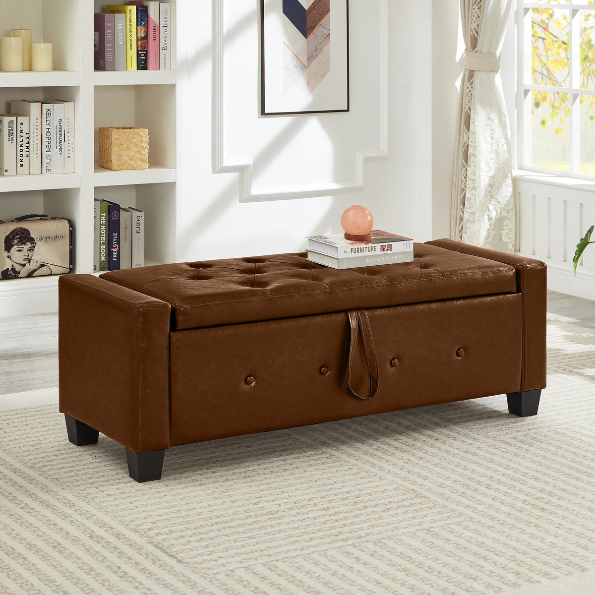 48" Ottoman Bench with Storage, Upholstered Tufted Faux Leather PU Ottoman Brown