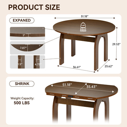 51.2" Solid Wood Extendable Dining Table, Converts Oval to Round with Walnut Finish, Sturdy Arch-Shaped Legs & Drop Leaf Design, Farmhouse Kitchen Table for Small Spaces, Easy Assembly