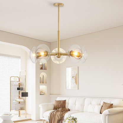 26" Modern Gold 5-Light Sputnik Chandelier with Clear Glass Shades, Mid-Century Hanging Pendant Light Fixture