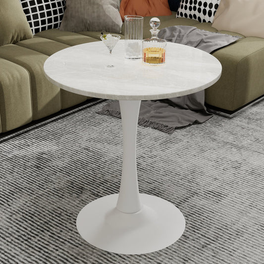 27.6-inch white coffee table, mid-century modern style dining table, suitable for 2-4 people, featuring a round white-veined marble tabletop, perfect for various settings.
