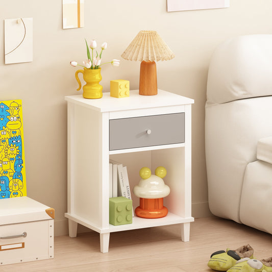 26.77''H Wooden Nightstand with One Drawer One Shelf, Adults, Gray+Silver handle