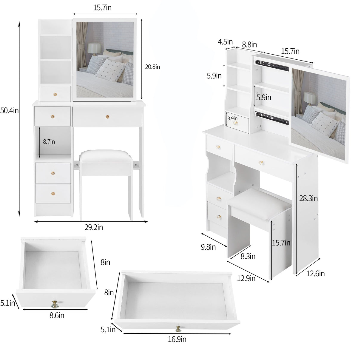 29.2" Small Space Left Drawer Desktop Vanity Table + Cushioned Stool, Extra Large Right sliding mirror, Multi Layer High Capacity Storage – Model W3258P299609