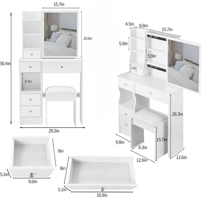 29.2" Small Space Left Drawer Desktop Vanity Table + Cushioned Stool, Extra Large Right sliding mirror, Multi Layer High Capacity Storage – Model W3258P299609