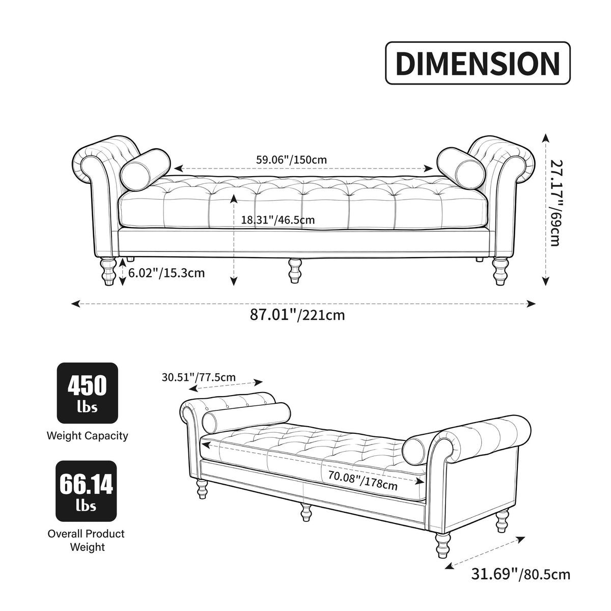 87.01"Wide Modern Upholstered End of Bed Bench with Armrests, Chenille Chaise Lounge Couch with 2 Bolster Pillows, Daybed with Rubberwood Legs For Living Room,Bedroom,Apartment,Guestroom, Beige