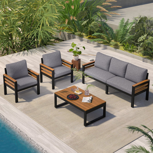 <Old SKU: N704G201246E> GO 4-Piece Outdoor Furniture Sofa Set for 5 People with Acacia Wood Armrests
