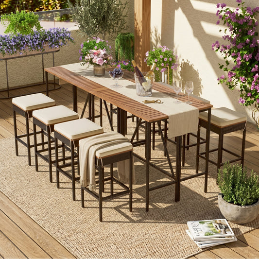 10-Piece Outdoor Acacia Wood Set with Bar Height Table And 8 Stool