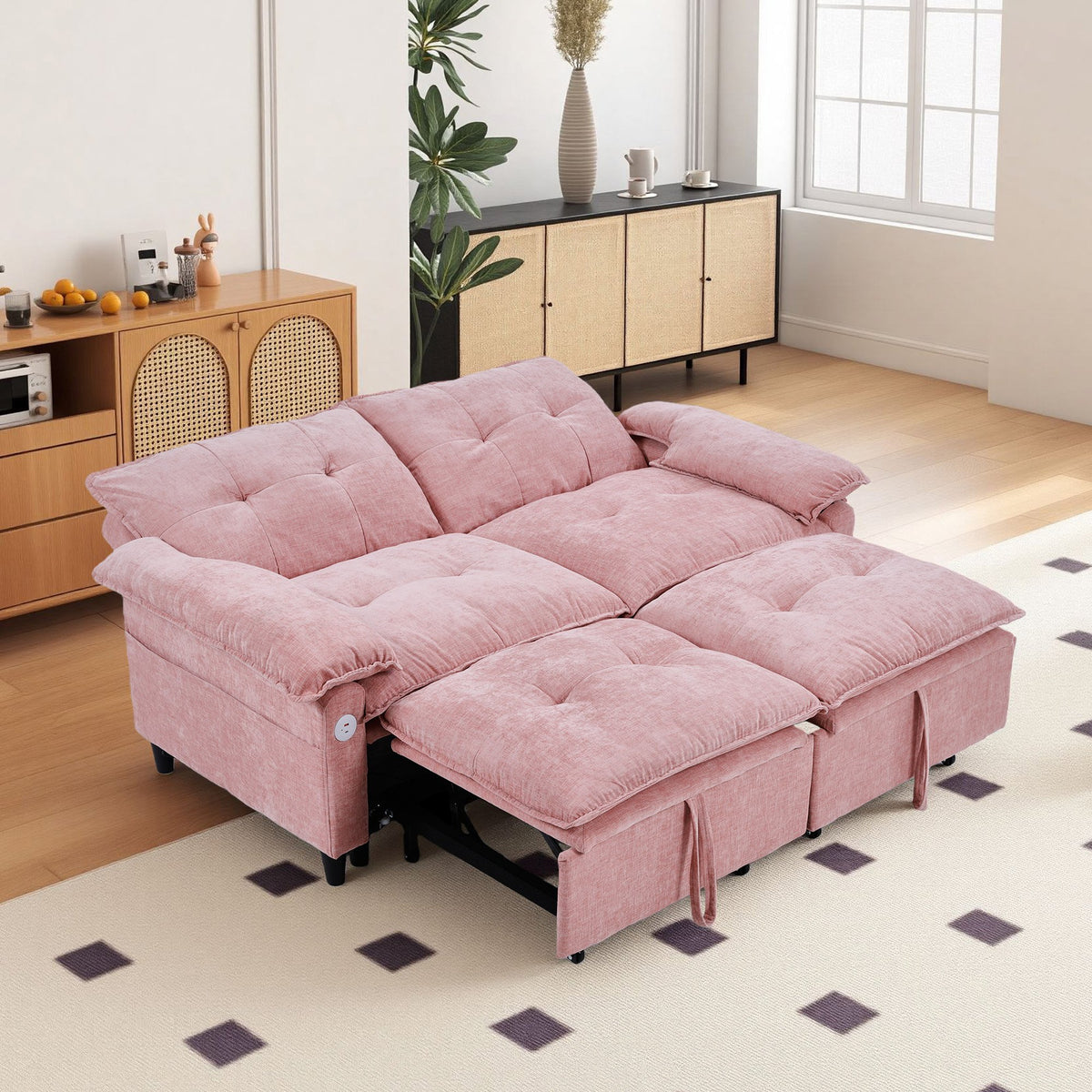 73 inch Pink Velvet Pull Out Sofa Bed Convertible Sleeper Couch with Pullout Mattress