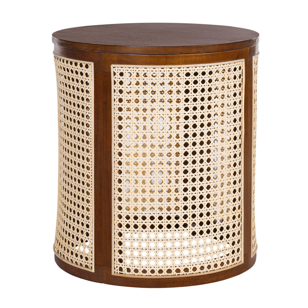 15.70" Round End Table, Hollow Woven Side Table, Small Rubber Wood Nightstand, Rattan Woven Tea Desk, Round Wood Tabletop, Chic Home Decor Desk, Easy Assembly, Dark Brown Color
