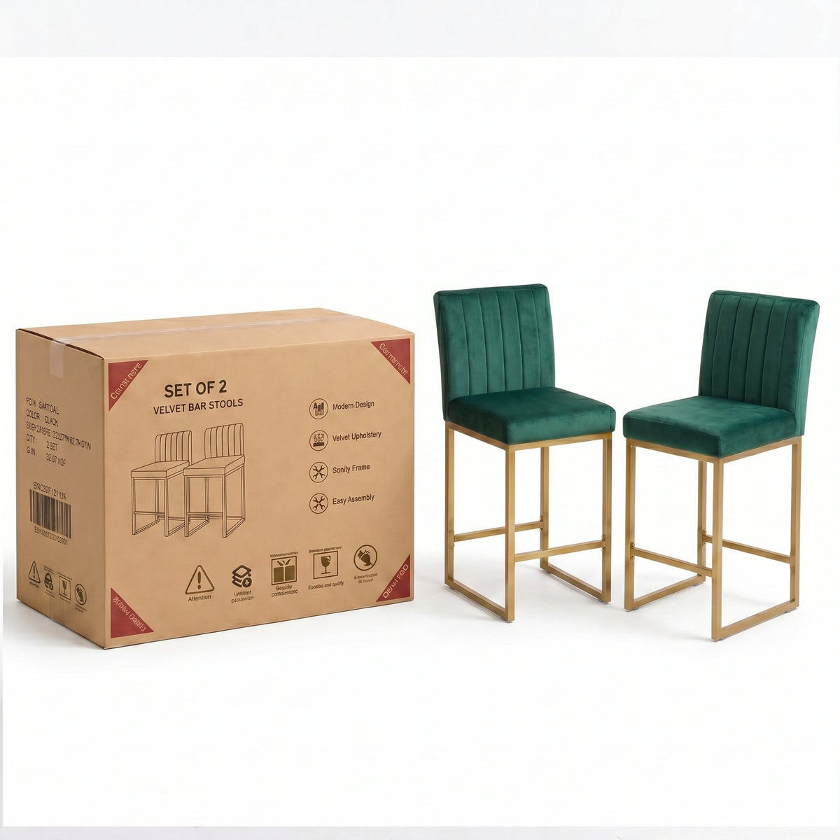 25.6 Inch Counter Height Bar Stools Set of 2 with Velvet Cushion and Back Modern Bar Chairs for Kitchen Island Counter with Metal Leg for Restaurant Dining Room Office, Green and Gold