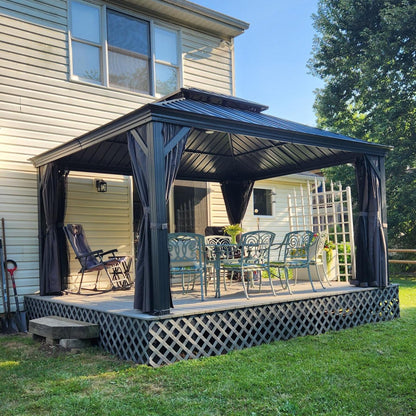 12" X 14" Hardtop Gazebo Permanent Aluminum Outdoor Gazebo with Galvanized Steel Double Roof, Drainage Gutters, Curtains