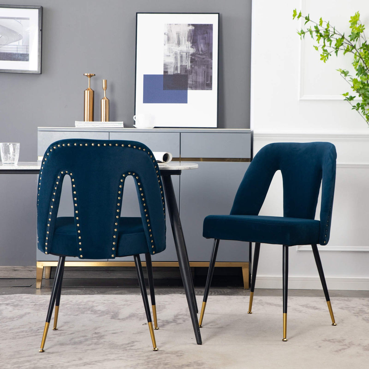 A&A Furniture, Akoya Collection Modern | Contemporary Velvet Upholstered Dining Chair with Nailheads and Gold Tipped Black Metal Legs, Blue