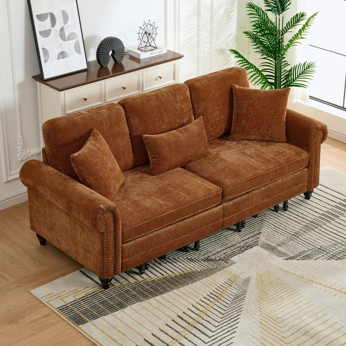 86" King Pull Out Sofa Bed, 3 in 1 Convertible Sleeper Sofa,Modern 3 Seat Couch with Nailhead Trim & Rolled Arm for Living Room, Apartment, Office, Caramel Chenille