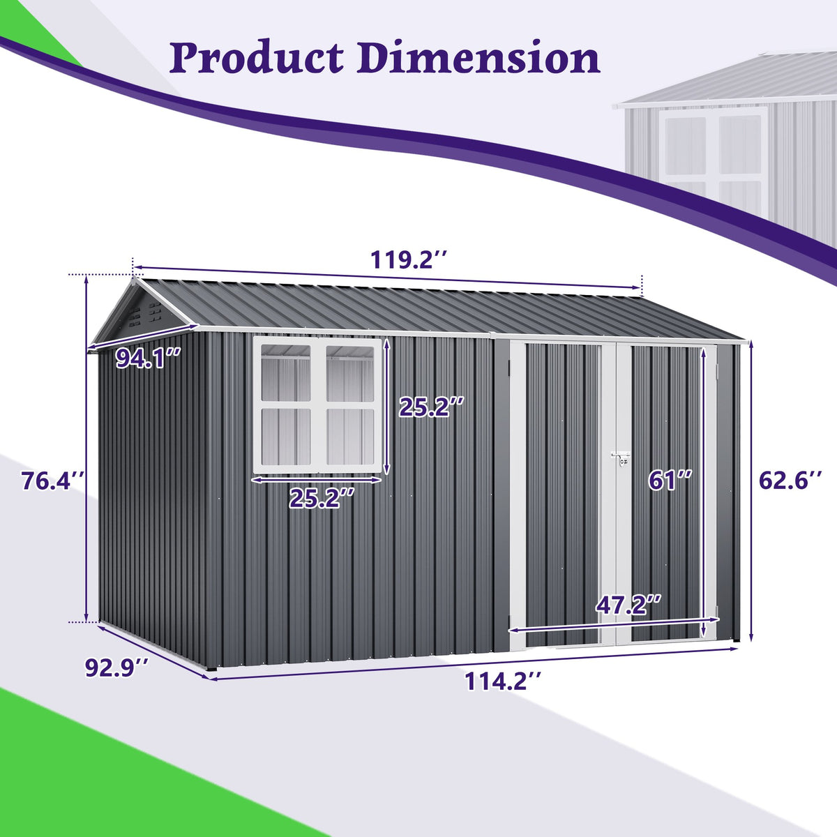 10X8FT Outdoor Steel Storage Shed with Clear Window, Lockable Doors, Weather-Resistant Metal Tool Shed, and Utility Storage, Gray