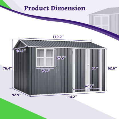 10X8FT Outdoor Steel Storage Shed with Clear Window, Lockable Doors, Weather-Resistant Metal Tool Shed, and Utility Storage, Gray