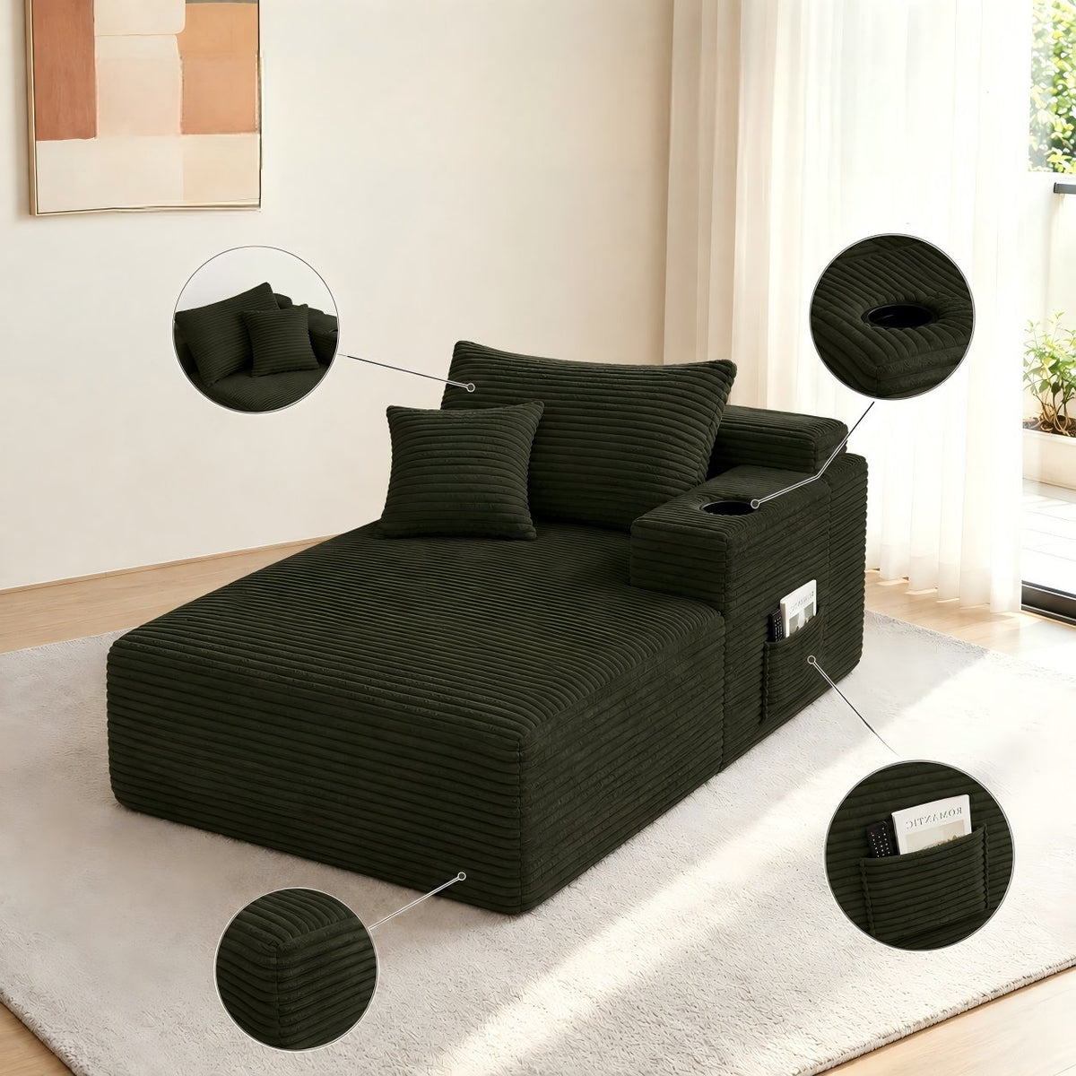 37.5-inch right chaise longue with velvet, cup holder, flexible matching, mainly for living room use. (Plush Fabric)Green
