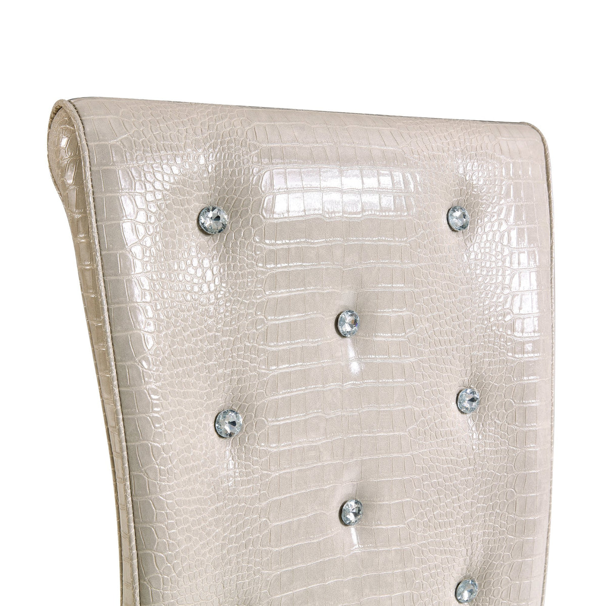 A set of 2 beige and gold vintage crocodile leather cushioned dining chairs, featuring crystal clasp design and artificial leather design, adding a touch of elegance and mystery to the dining area