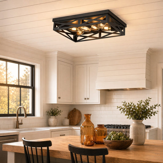 6-Light Matte Black Farmhouse Square Flush Mount Ceiling Light, Vintage Hollow Geometric Iron Cage Ceiling Lamp, Industrial Close to Ceiling Lighting for Dining Room, Bedroom-1 Pack(No light bulb)