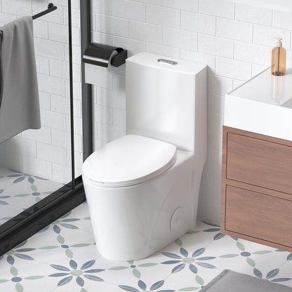 1.1/1.6 GPF Siphonic Flush One-Piece Toilet for bathrooms,Siphonic S-trap 12",Elongated Bowl with Soft Close Seat,Powerful Dual Flush MAP 1000g,Comfort Chair Seat ADA Height 17",Glossy White GW-001
